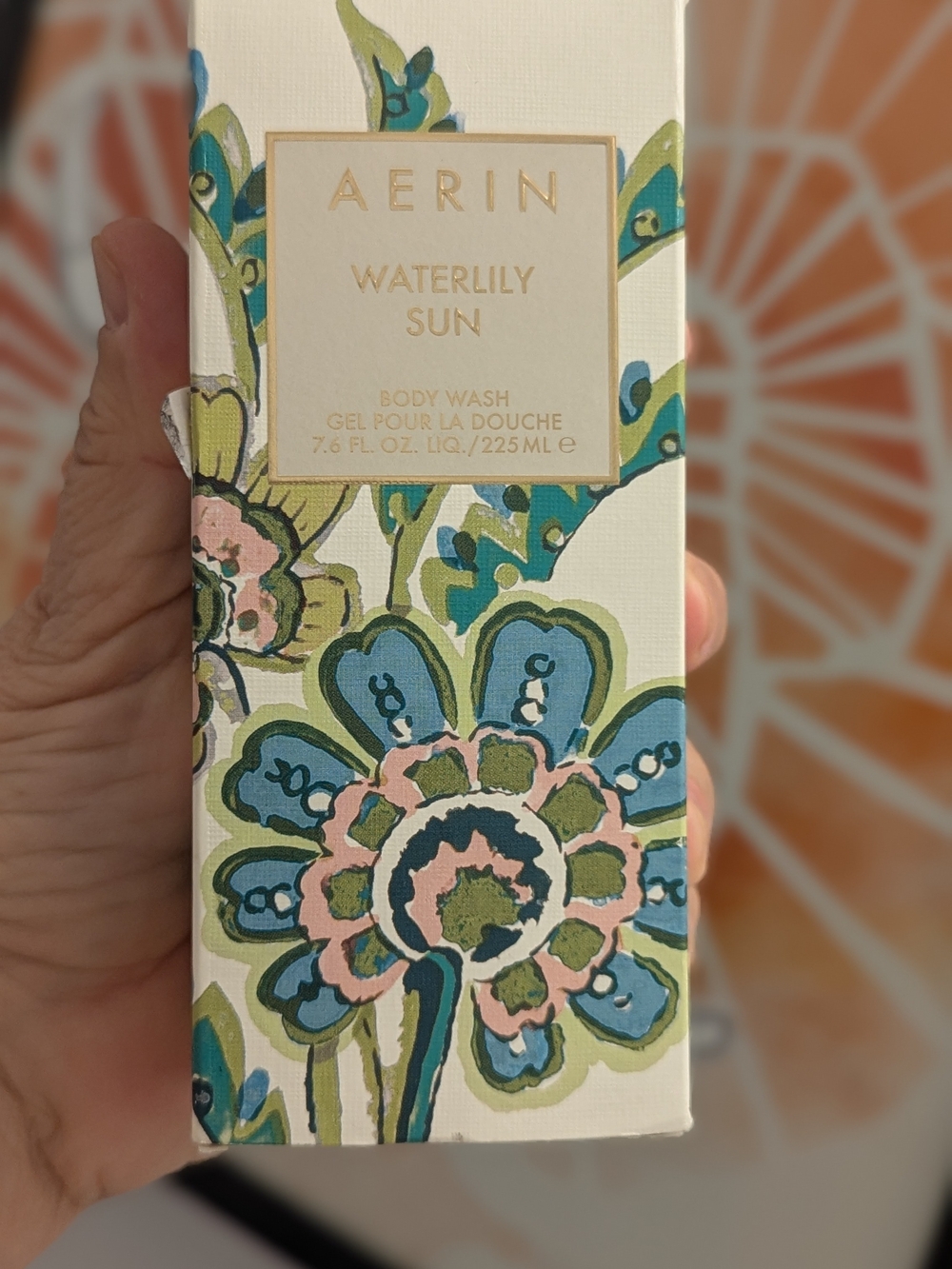 Aerin Waterlily Sun Body Wash — Teal, Green & Pink Floral Packaging